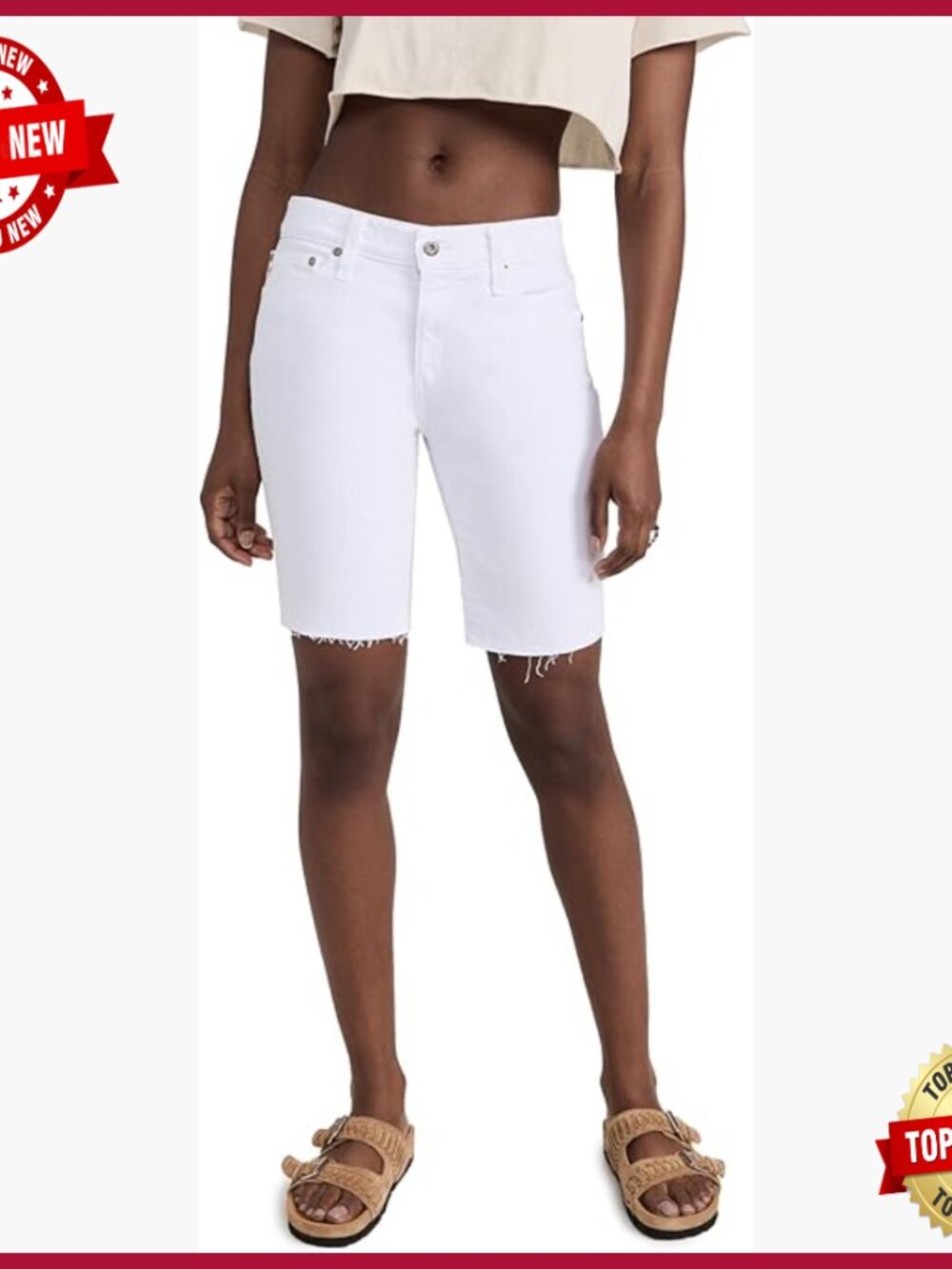 Mid Rise Relaxed Skinny Denim Shorts Frayed Raw Hem 9in Inseam